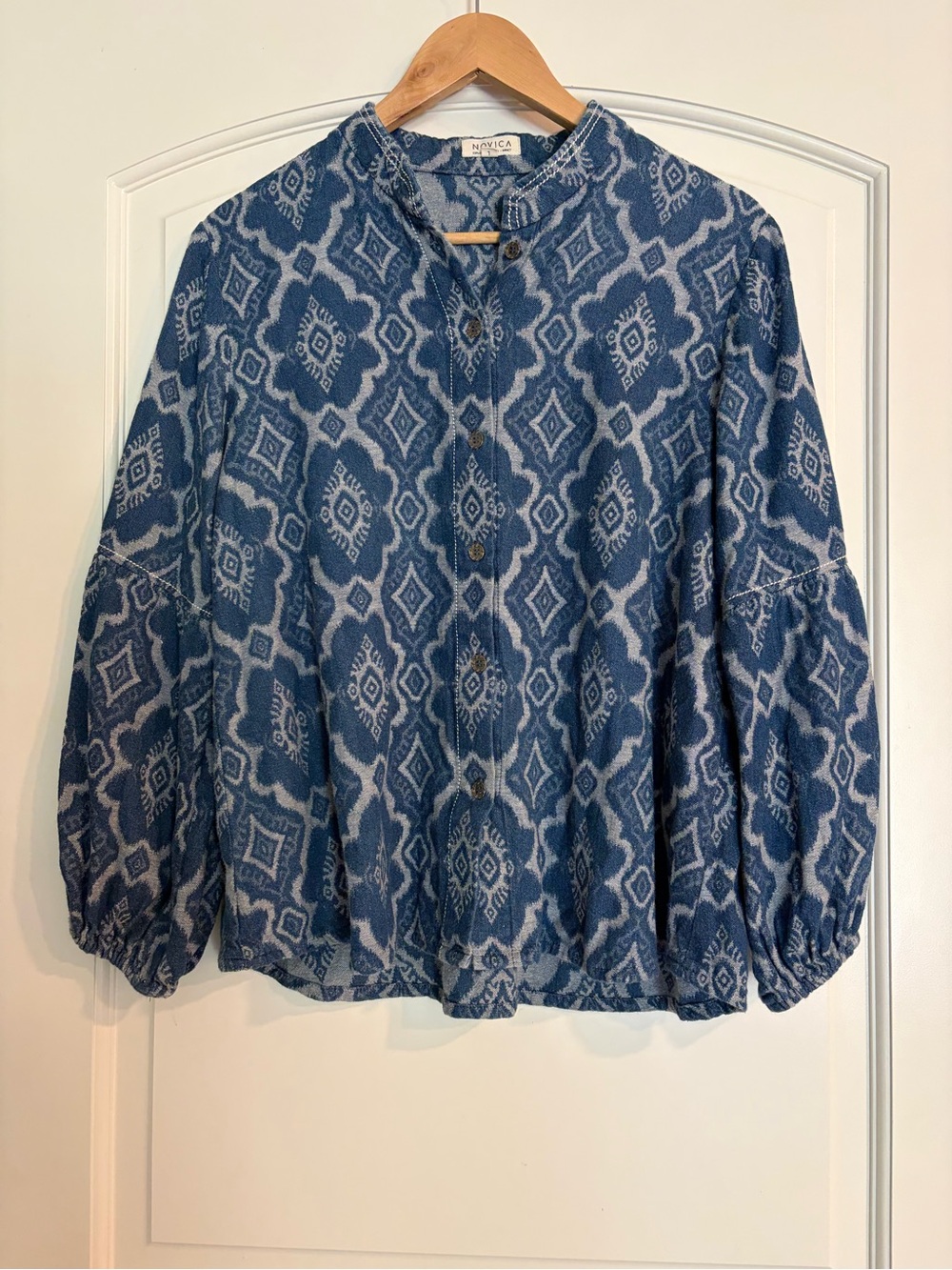 NOVICA Java Woven Cotton button-up Shirt Jacket with Geometric Brocade Flower L